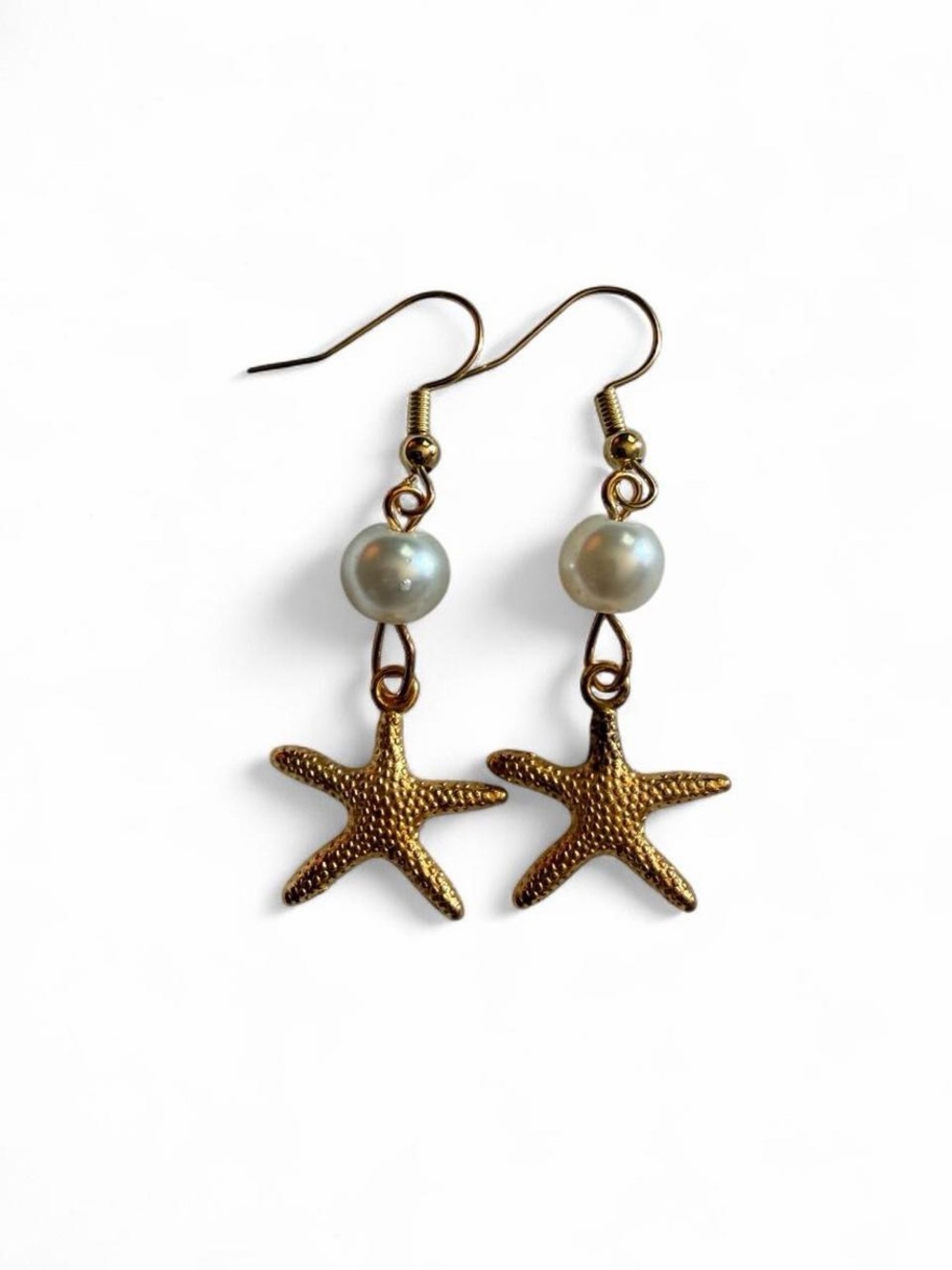 Handmade Pearl & Gold Starfish Charm Earrings Boho Beach